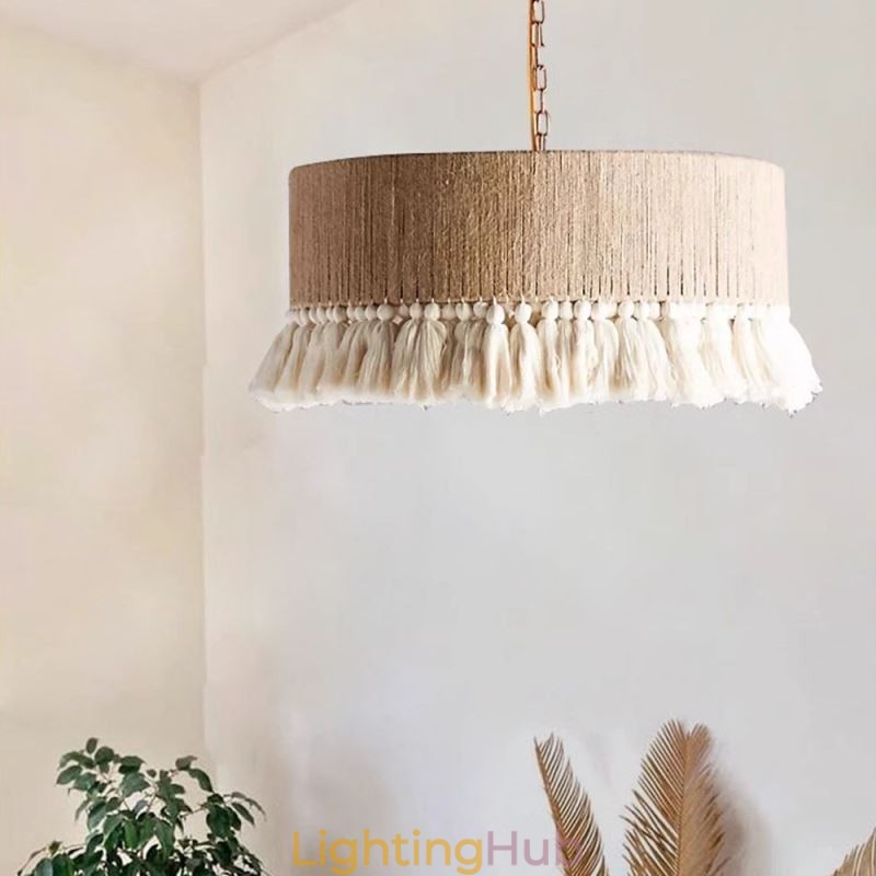 Retro Pendant Light Bohemian Style Hemp Rope Tassel Ceiling Light