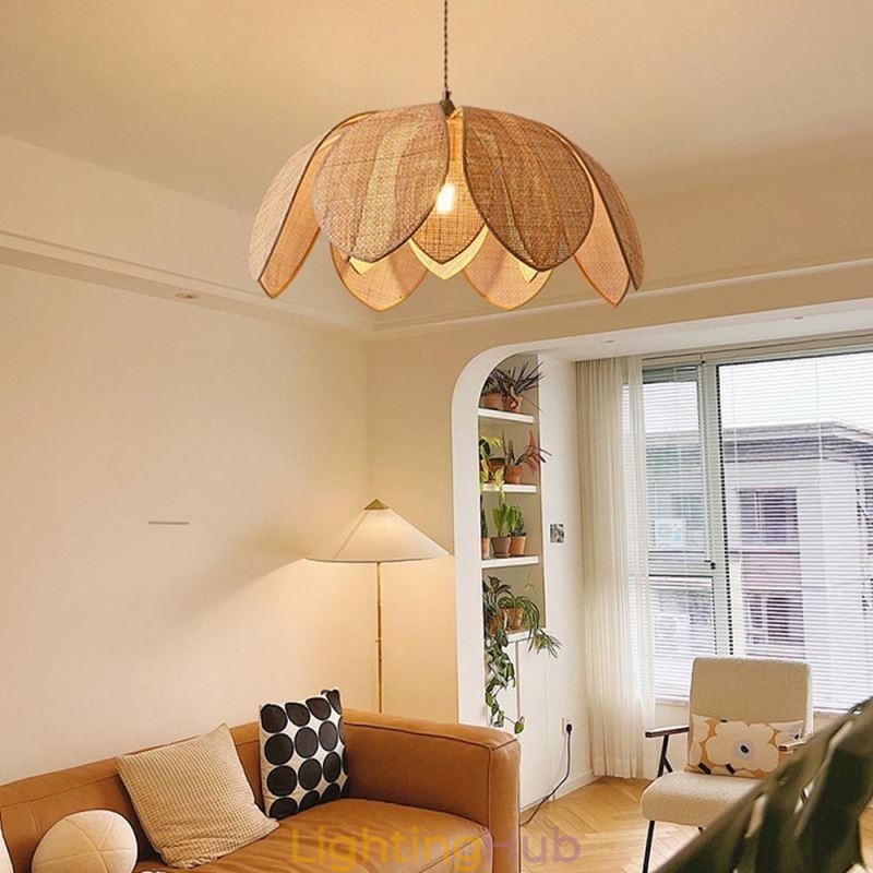 Rattan Lotus Pendant Light Cafe Retro Rattan Art Ceiling Light