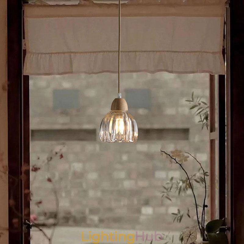 Glass Pendant Light Retro Pastoral Style Island Ceiling Light Rubber Wood Decorative Lamp