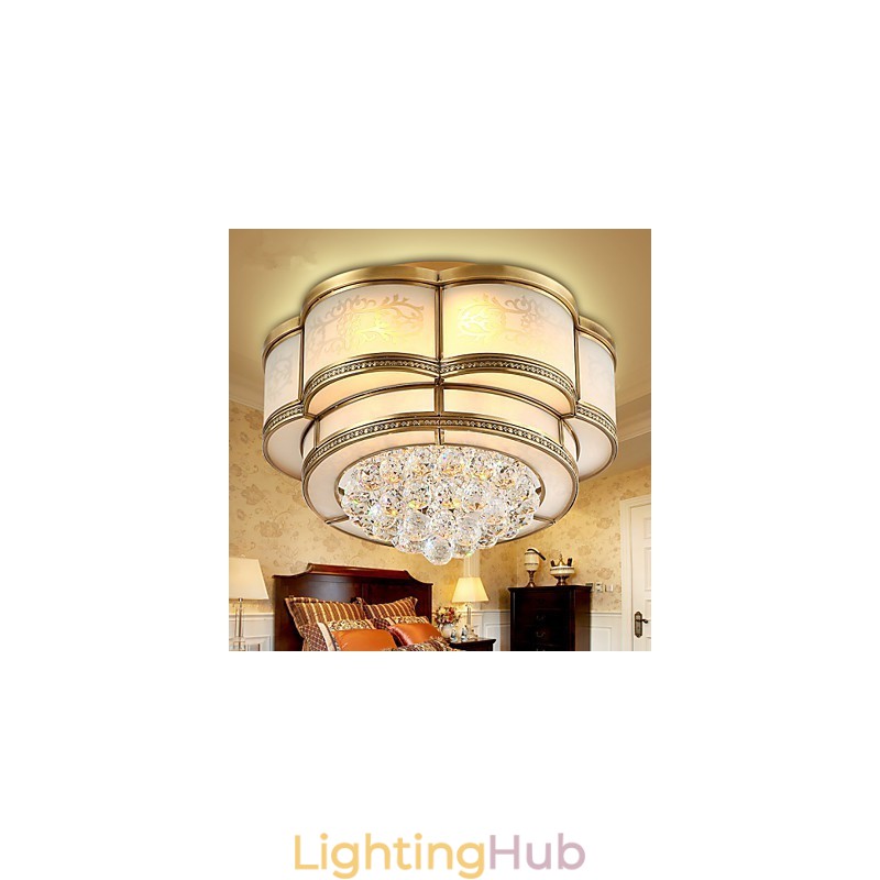 Traditional Classic Rustic Lodge Crystal Brass Metal Flush Mount