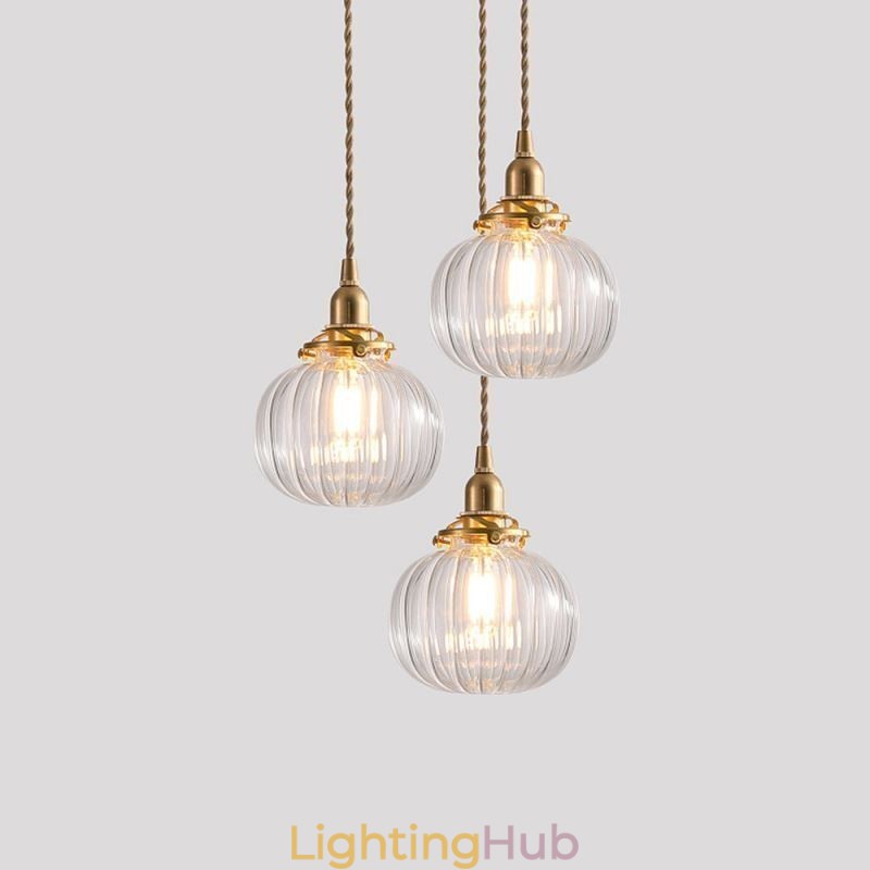Glass Pendant Light Clear Round Ribbed Pumpkin Shape Lamp 1 Light