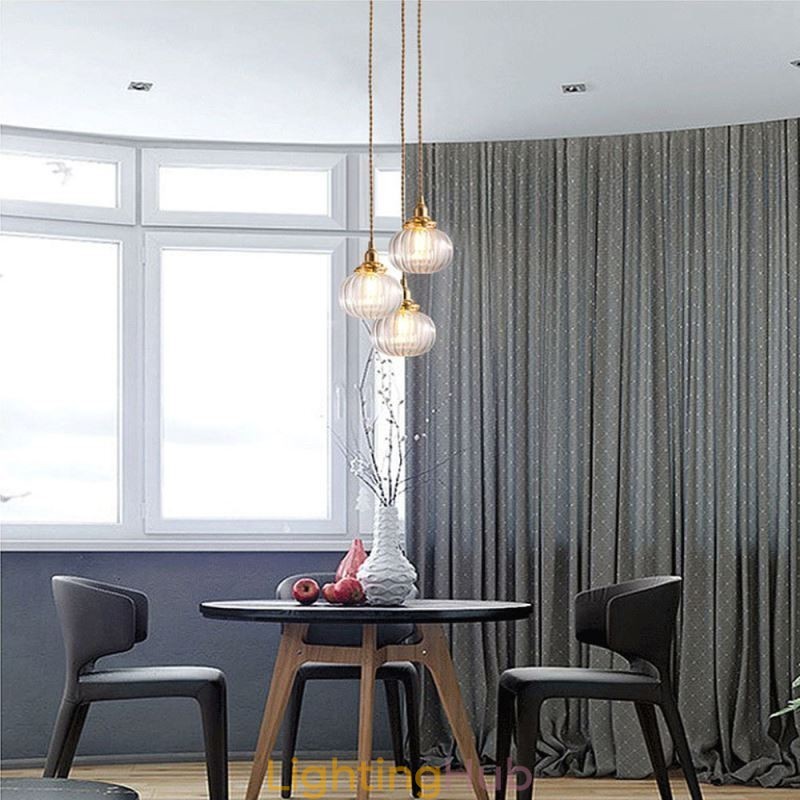 Glass Pendant Light Clear Round Ribbed Pumpkin Shape Lamp 1 Light