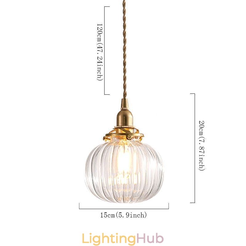 Glass Pendant Light Clear Round Ribbed Pumpkin Shape Lamp 1 Light