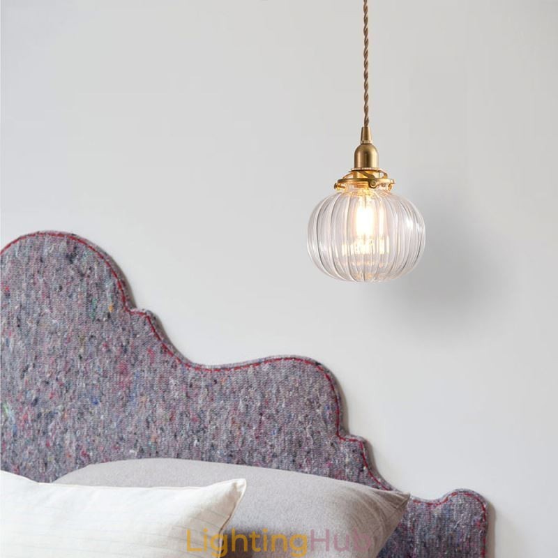 Glass Pendant Light Clear Round Ribbed Pumpkin Shape Lamp 1 Light