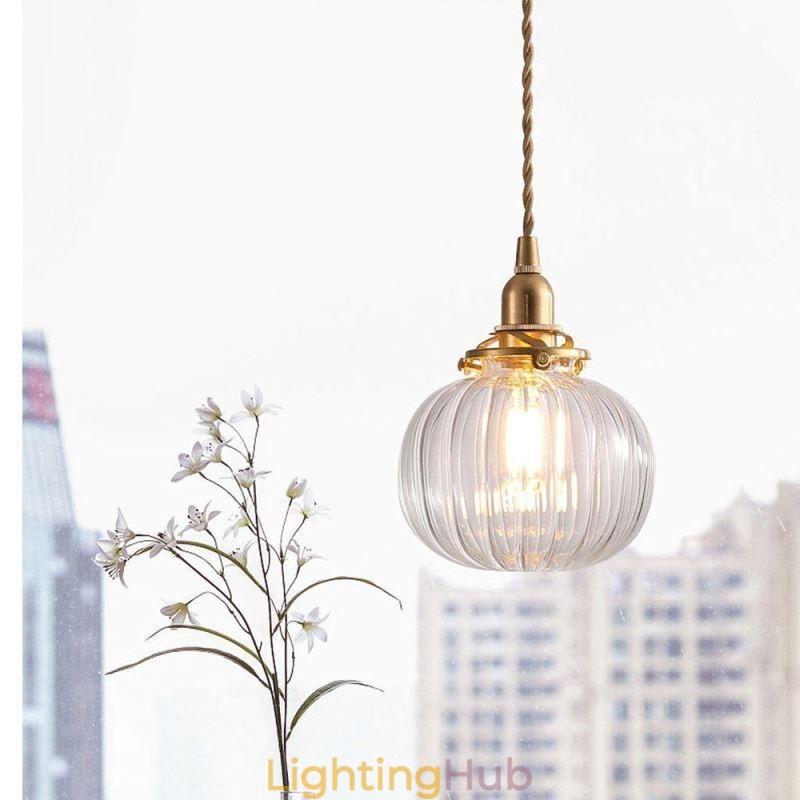 Glass Pendant Light Clear Round Ribbed Pumpkin Shape Lamp 1 Light
