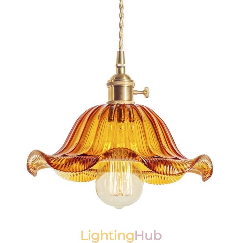 Vintage Colorful Ribbed Glass Pendant Light Flower Shade Lamp With Twist Switch Light