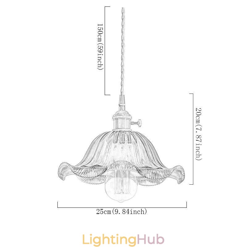 Vintage Colorful Ribbed Glass Pendant Light Flower Shade Lamp With Twist Switch Light