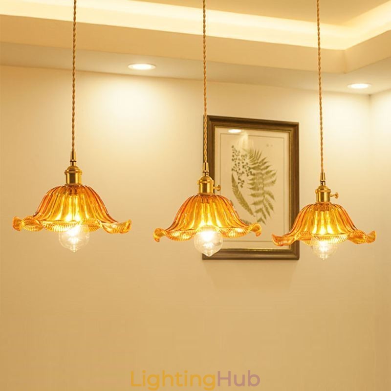 Vintage Colorful Ribbed Glass Pendant Light Flower Shade Lamp With Twist Switch Light