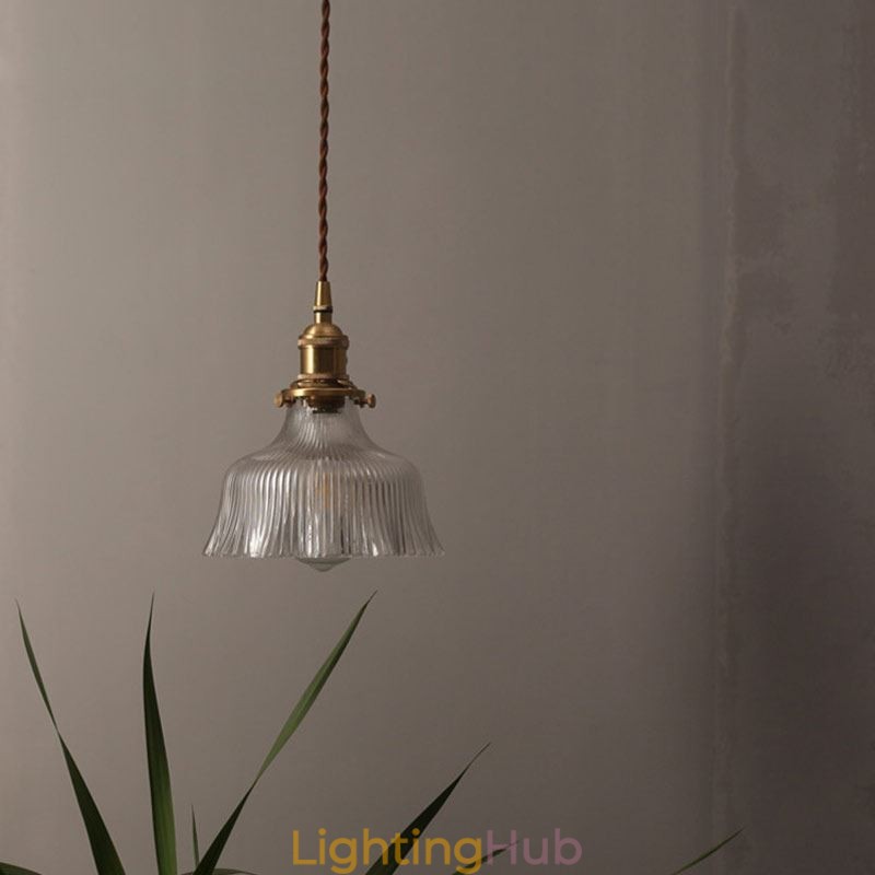 Dome Large Clear Ribbed Glass Pendant Light with Brass Holder Twist Switch