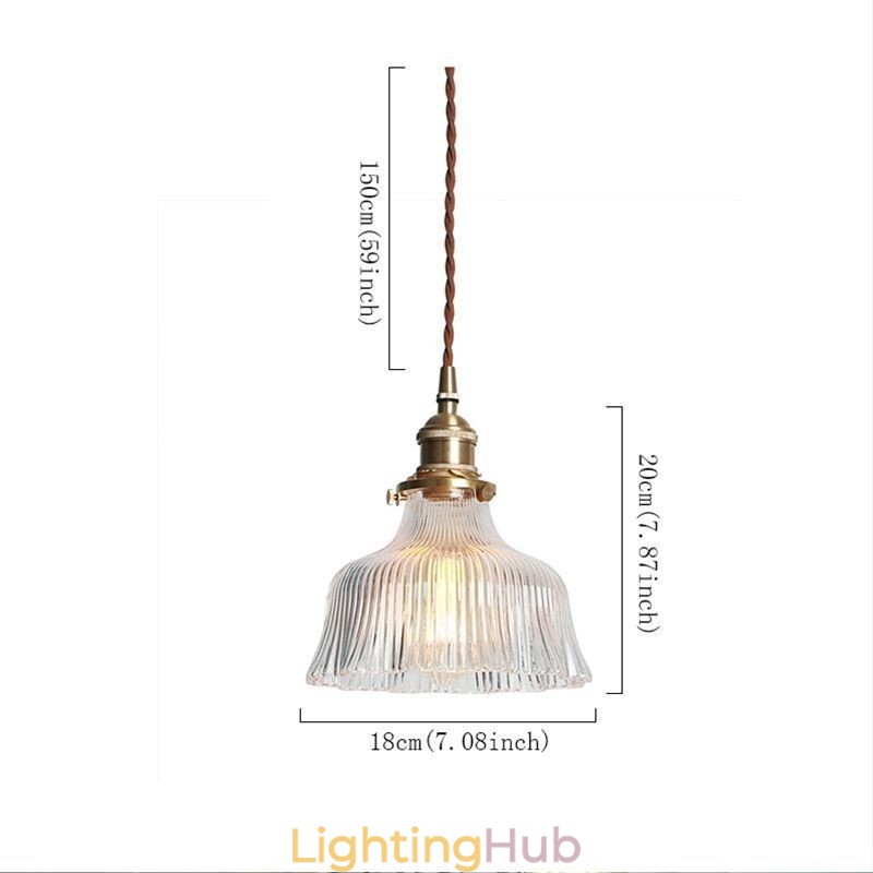 Dome Large Clear Ribbed Glass Pendant Light with Brass Holder Twist Switch