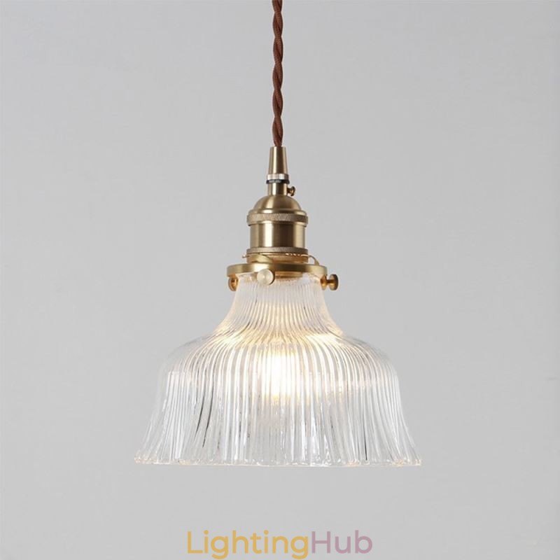 Dome Large Clear Ribbed Glass Pendant Light with Brass Holder Twist Switch