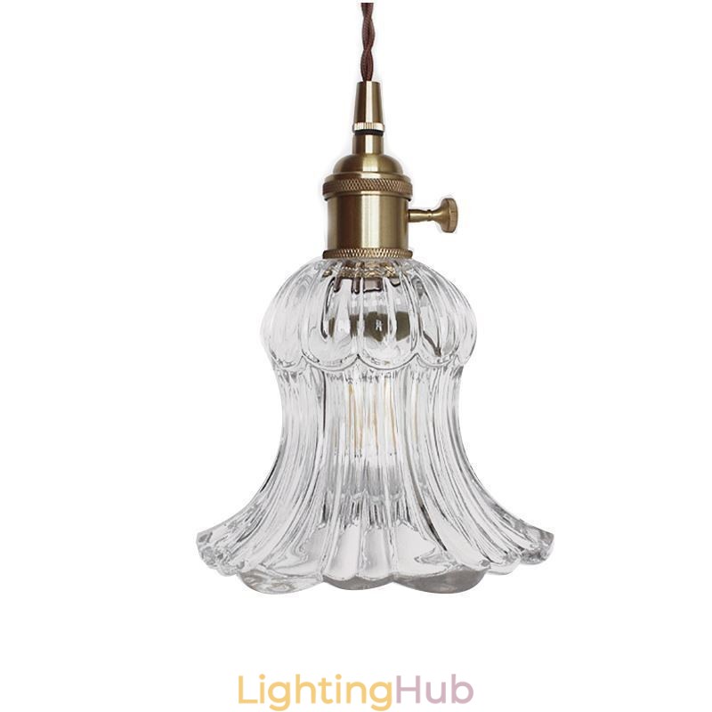Clear Ribbed Glass Pendant Light Flower Shape Lamp With Twist Switch