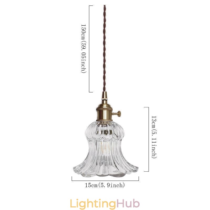 Clear Ribbed Glass Pendant Light Flower Shape Lamp With Twist Switch
