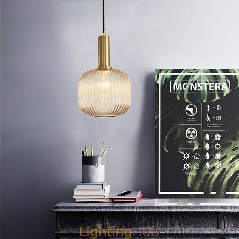 Ribbed Glass Pendant Light with Brass Holder