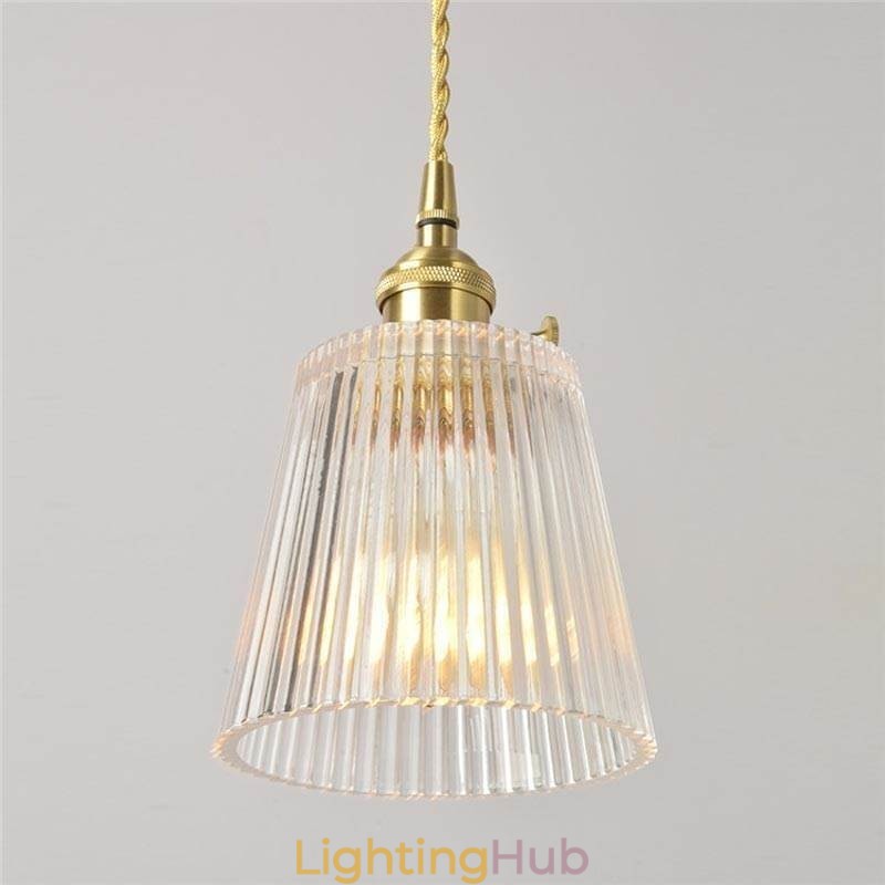 Brass Ribbed Glass Pendant Light Cone Shade With Twist Switch