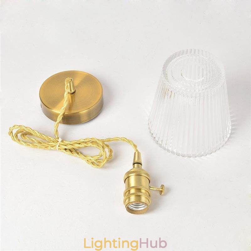 Brass Ribbed Glass Pendant Light Cone Shade With Twist Switch