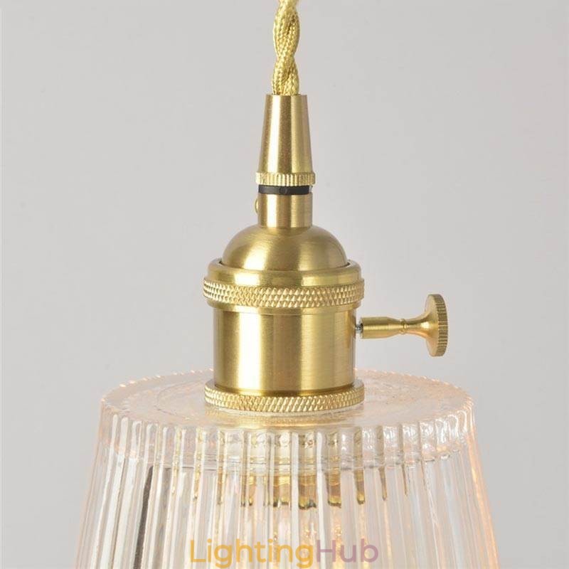 Brass Ribbed Glass Pendant Light Cone Shade With Twist Switch