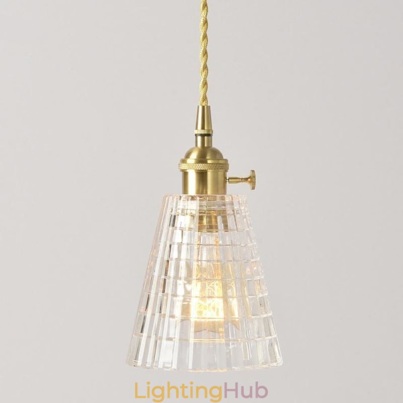 Square Clear Ribbed Glass Pendant Light Brass Lamp With Twist Switch Lighting