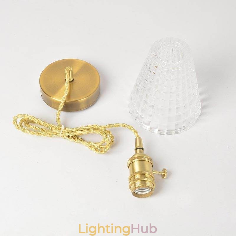Square Clear Ribbed Glass Pendant Light Brass Lamp With Twist Switch Lighting