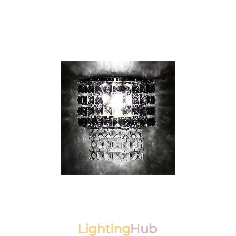 Modern Wall Light with Fabric Shade Metal Plate Crystal Decor Style