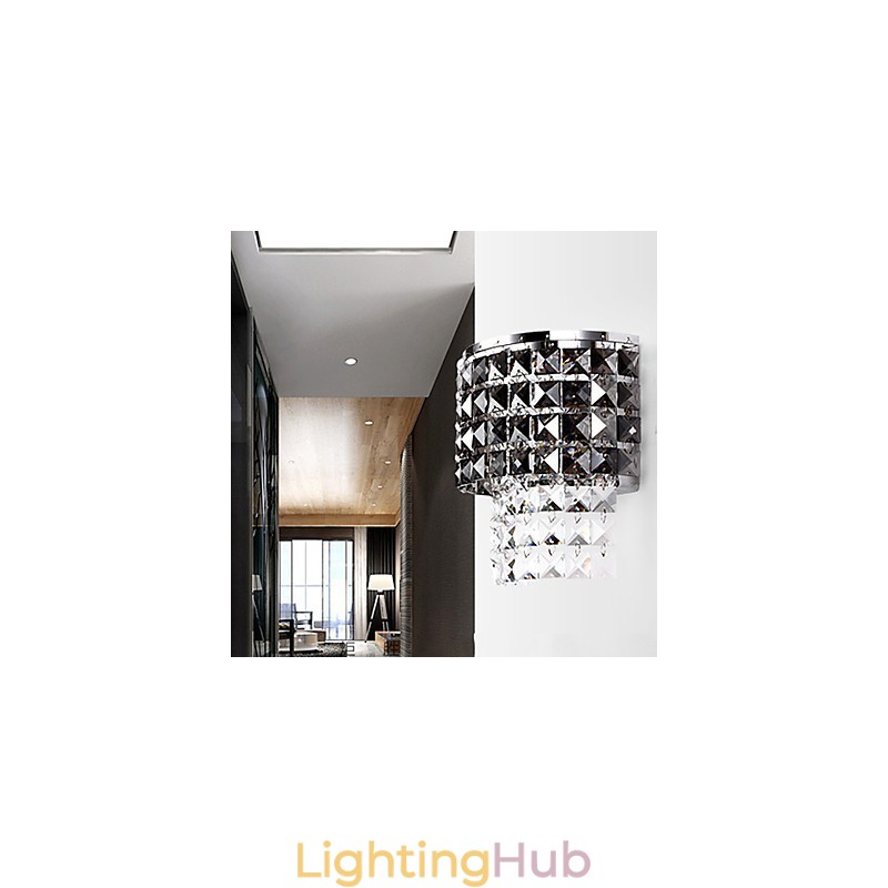Modern Wall Light with Fabric Shade Metal Plate Crystal Decor Style