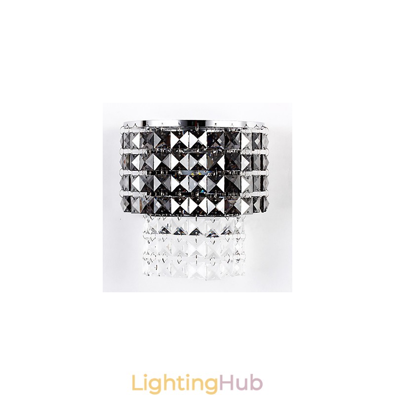 Modern Wall Light with Fabric Shade Metal Plate Crystal Decor Style