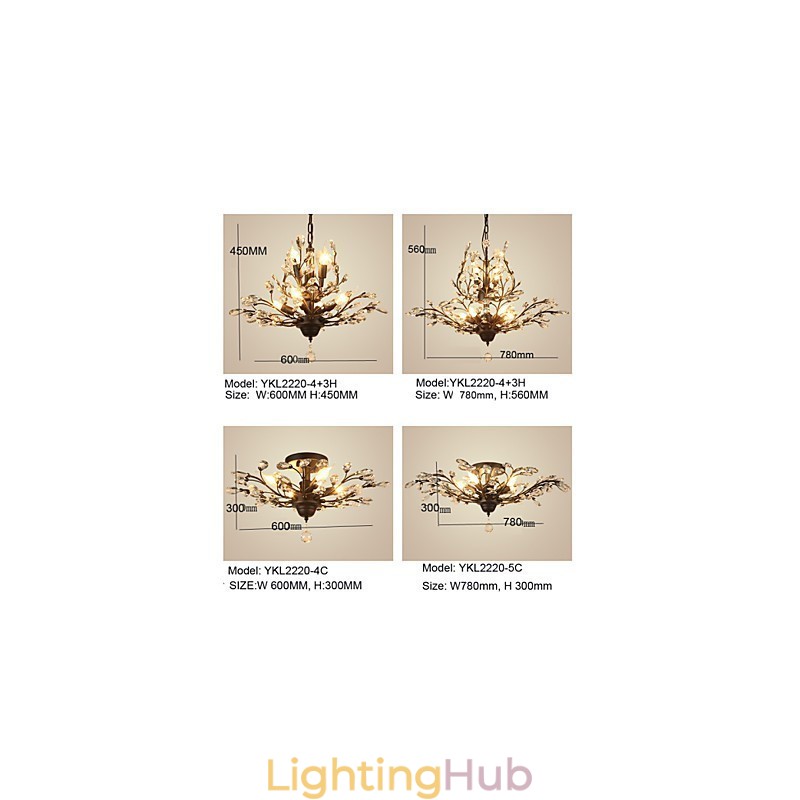 Vintage Crystal Flush Mount 8 Lights Metal Painting Black OR Gold