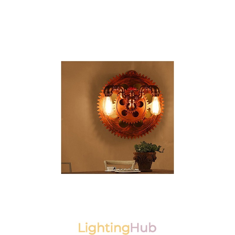 2 Heads Vintage Industrial Wall Lights Wood Gear Shape Lights Restaurant Cafe Bar Decoration Wall Sconces
