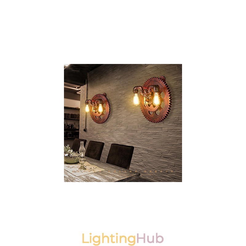 2 Heads Vintage Industrial Wall Lights Wood Gear Shape Lights Restaurant Cafe Bar Decoration Wall Sconces