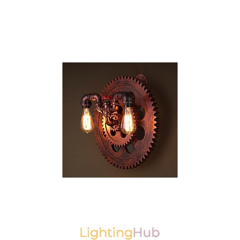 2 Heads Vintage Industrial Wall Lights Wood Gear Shape Lights Restaurant Cafe Bar Decoration Wall Sconces
