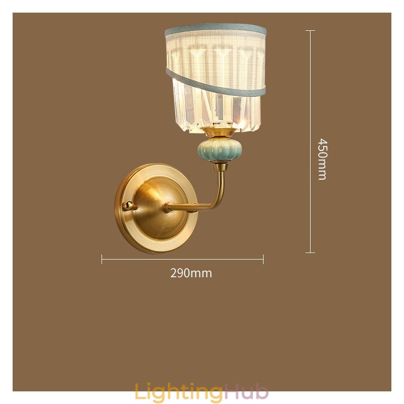 Pure Brass Luxurious Rustic Retro Vintage Brass Ceramics 1 Light Candle Wall Light with Fabric and Crystal Shade Special for Hotel Office Showroom Living Room Dinning Room