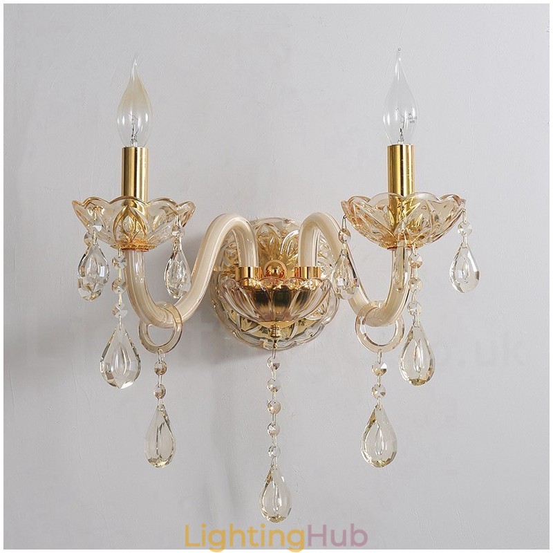 2 Light Gold K9 Crystal Candle Retro Glass Wall Light