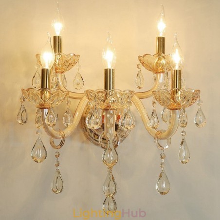 5 Light Gold K9 Crystal Candle Retro Glass Wall Light 5 Light Gold K9 Crystal Candle Retro Glass Wall Light