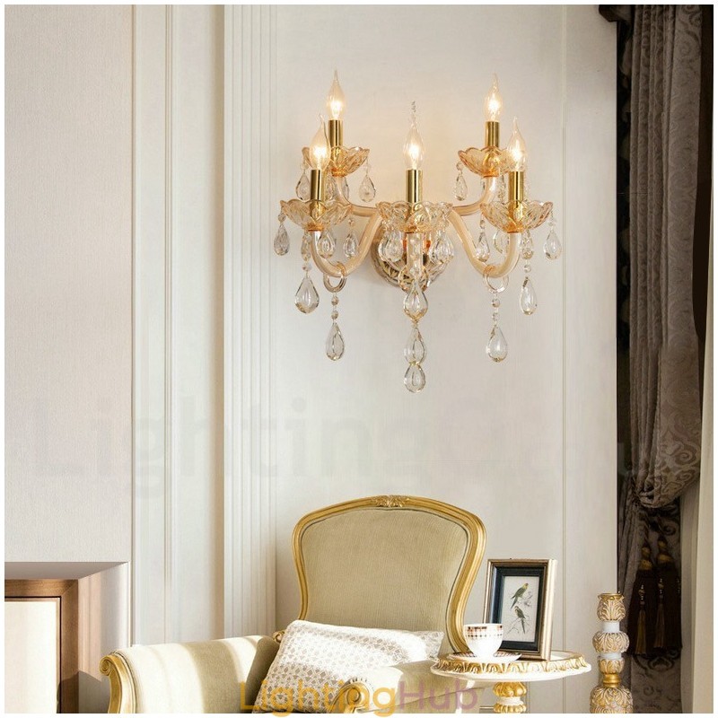 5 Light Gold K9 Crystal Candle Retro Glass Wall Light
