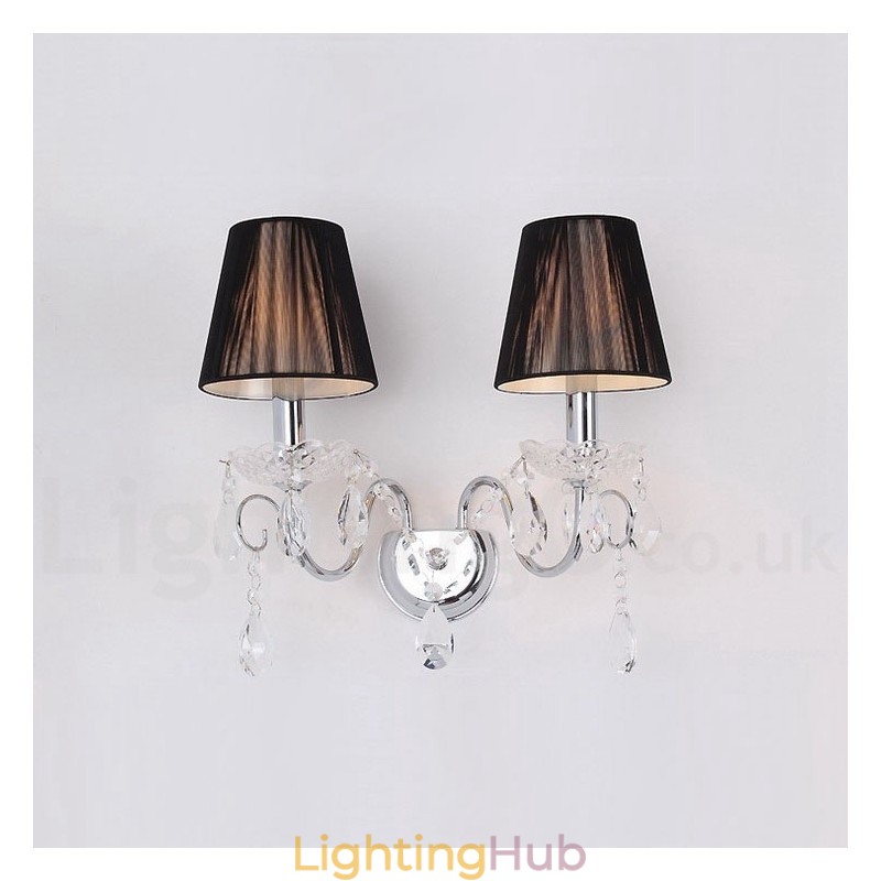 2 Light Chrome Silver Colour K9 Crystal Candle Retro Glass Wall Light with Black Fabric Shades