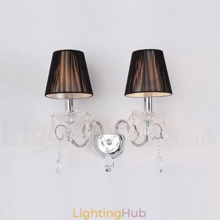 2 Light Chrome Silver Colour K9 Crystal Candle Retro Glass Wall Light with Black Fabric Shades 2 Light Chrome Silver Colour K9 Crystal Candle Retro Glass Wall Light with Black Fabric Shades