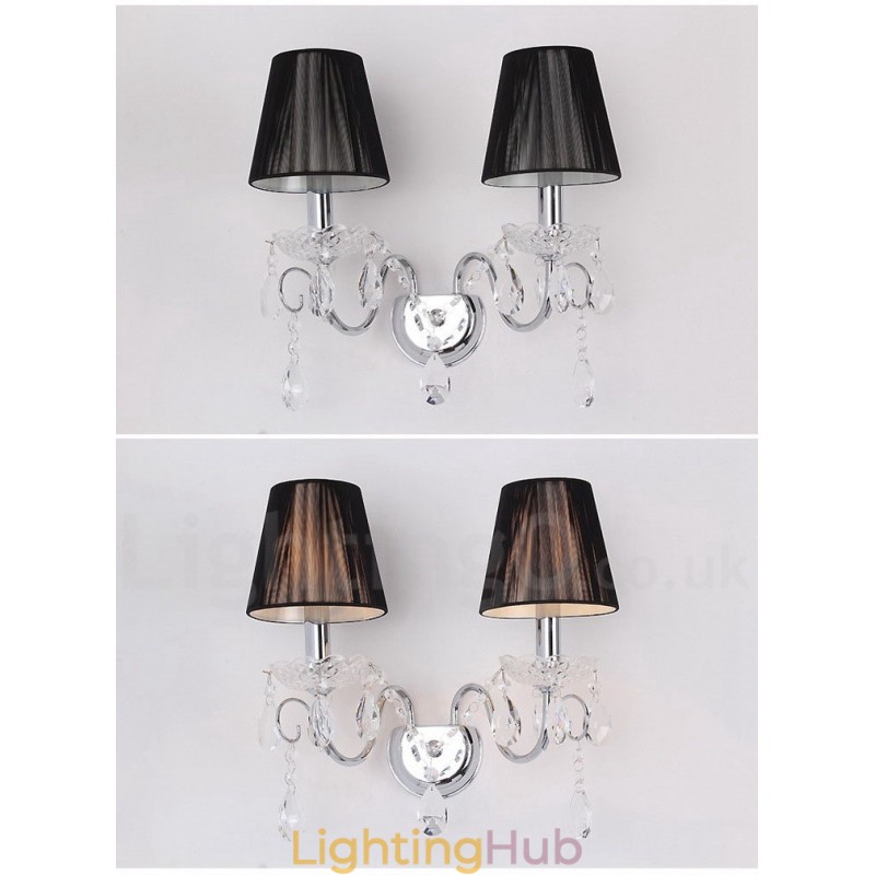 2 Light Chrome Silver Colour K9 Crystal Candle Retro Glass Wall Light with Black Fabric Shades