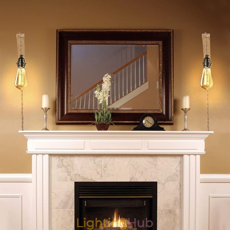 Solid Wood Wall Sconce American Pastoral Retro Hemp Rope Wall Light With Plug