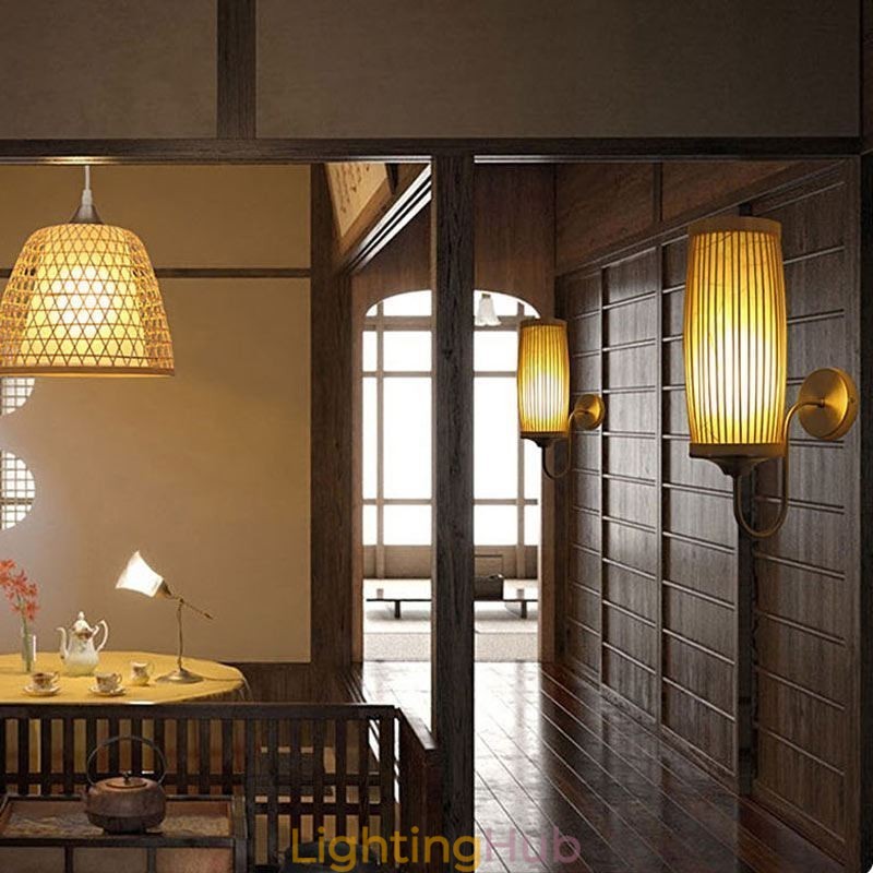 Waist Drum Design Wall Light Creative Bamboo Wall Sconce Bedside Stairs Rural Lighting