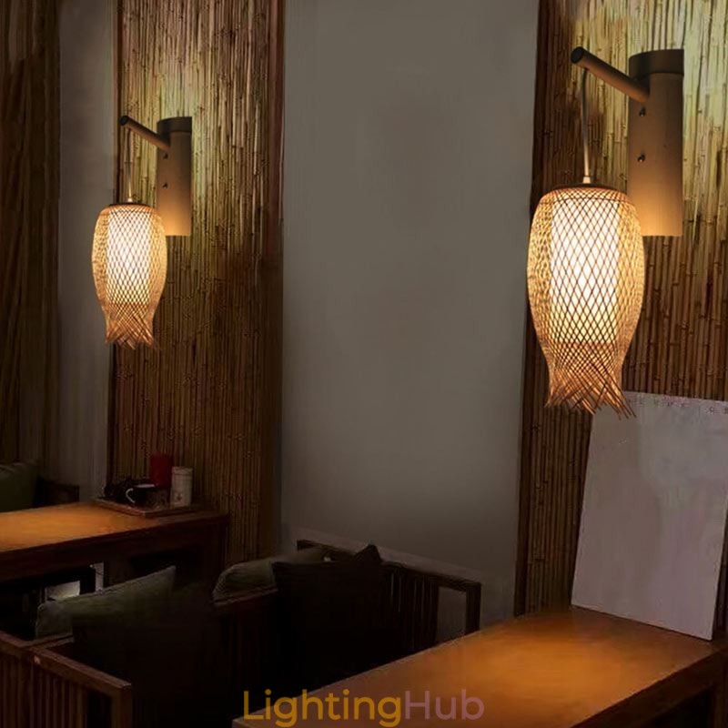 Downward Bamboo Wall Light Rural Round Wall Sconce Bedside Teahouse Creative Light