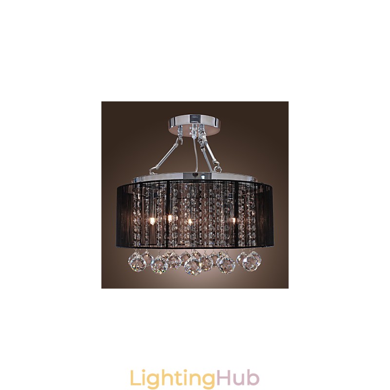 Modern Crystal Flush Mount with 5 Lights Black Fabric Shade