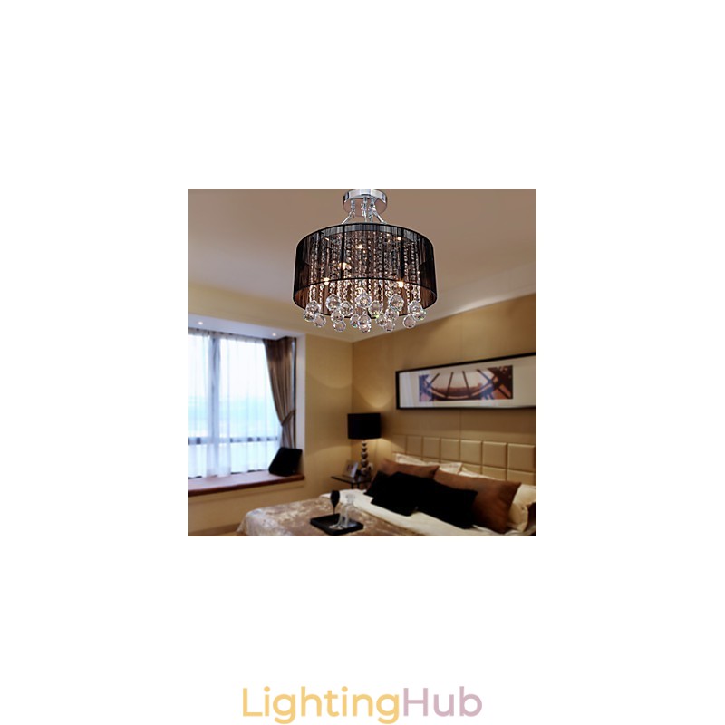 Modern Crystal Flush Mount with 5 Lights Black Fabric Shade