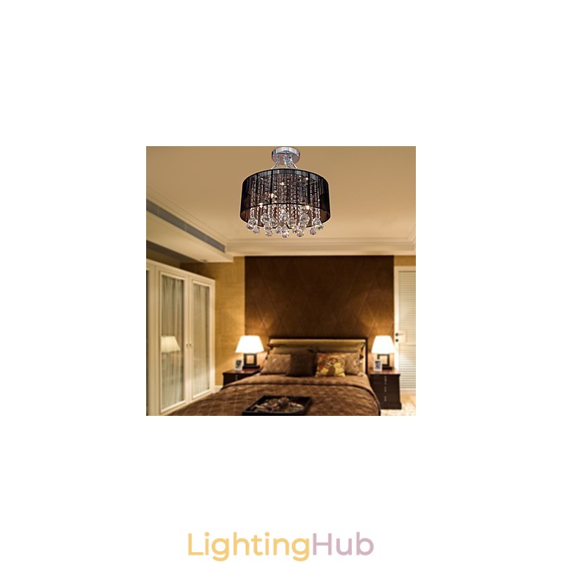 Modern Crystal Flush Mount with 5 Lights Black Fabric Shade