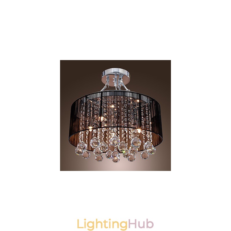 Modern Crystal Flush Mount with 5 Lights Black Fabric Shade