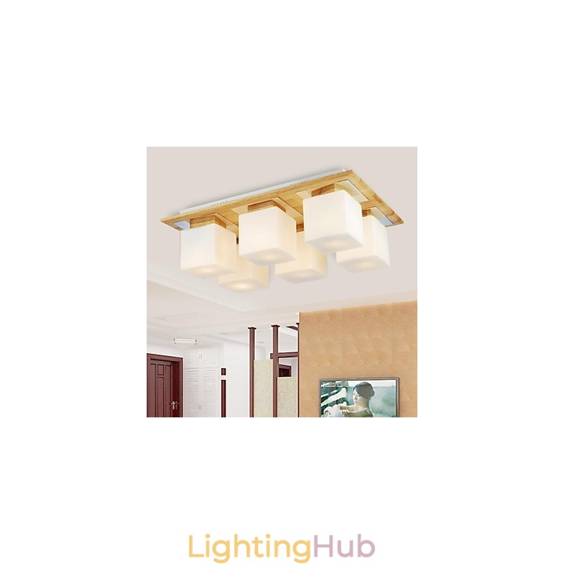 Oak Ceiling Lamp Six Lights Oak and Glass 220~240V