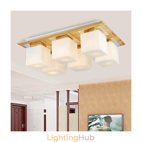 Oak Ceiling Lamp Six Lights Oak and Glass 220~240V Oak Ceiling Lamp Six Lights Oak and Glass 220~240V
