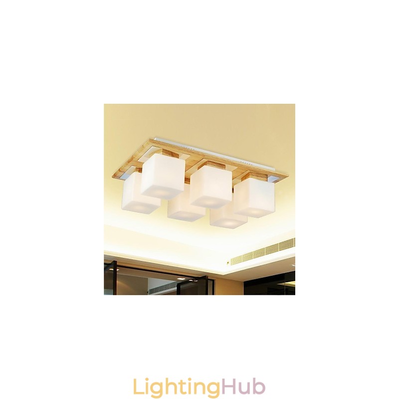 Oak Ceiling Lamp Six Lights Oak and Glass 220~240V