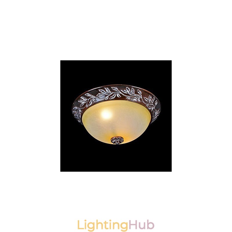 Flush Mount Light White Yellow Glass Resin Silver Carving European Classic