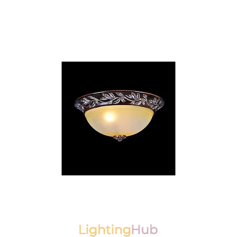 Flush Mount Light White Yellow Glass Resin Silver Carving European Classic