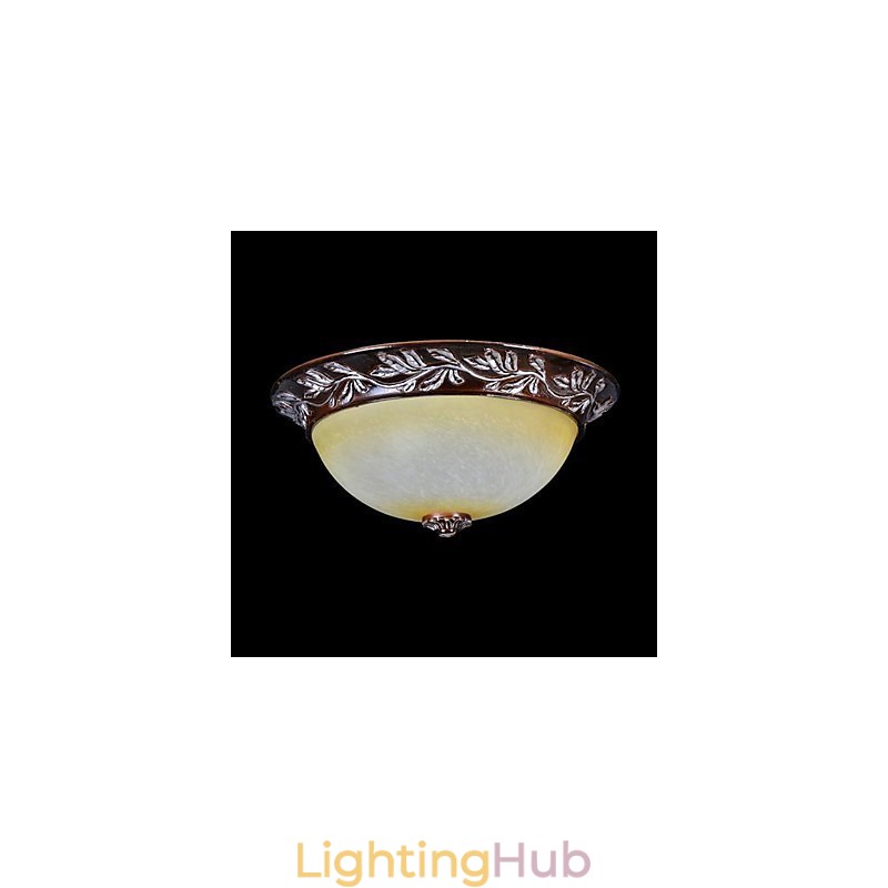 Flush Mount Light White Yellow Glass Resin Silver Carving European Classic